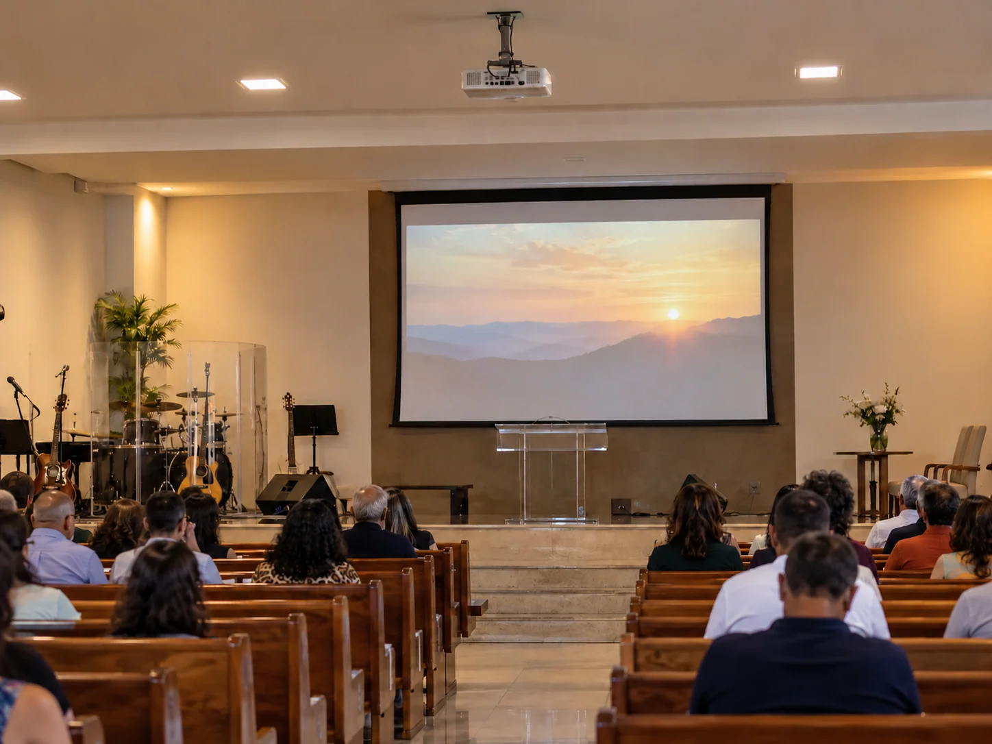 Auditório de igreja com projetor de teto, tela de projeção e público sentado