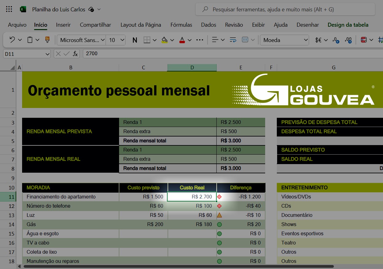 passo 10 aula controle orcamento pessoal mensal planilha excel