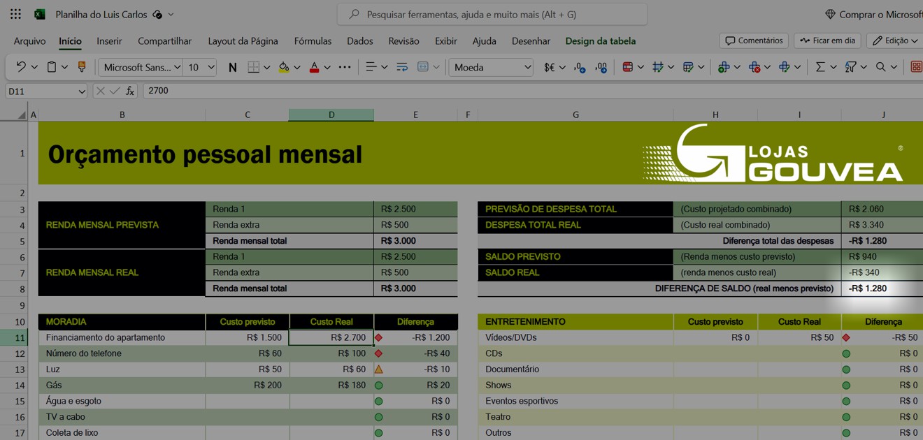 passo 11 aula controle orcamento pessoal mensal planilha excel