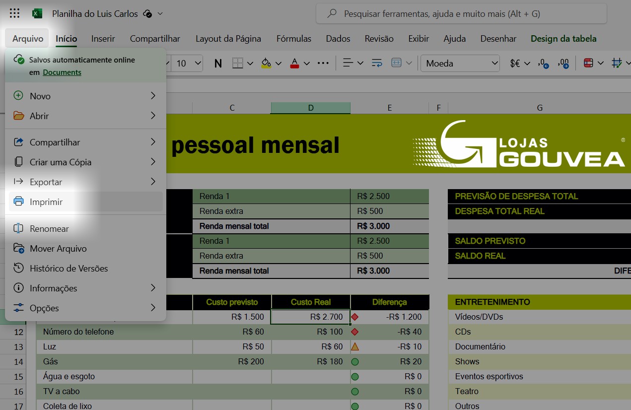 passo 12 aula controle orcamento pessoal mensal planilha excel